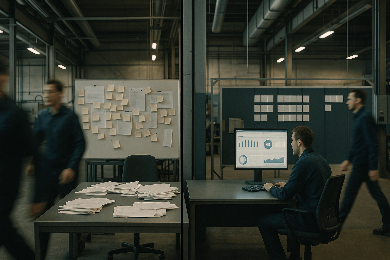 Operations floor with two contrasting zones — one with frantic disorganised activity, one with calm structured workflow